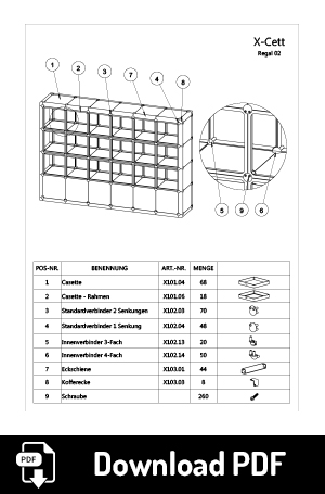 Datenblatt x-cett würfel individuell cassette kreativ mobeliar Möbelstück bausatz baukastensystem einfallsreich ideenreich idee Kunst künstlerisch Regal Schrank Vitrine